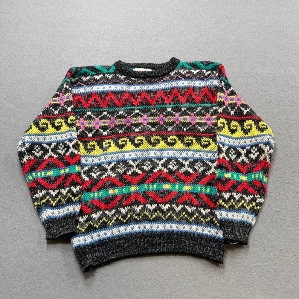 Vintage Knit Sweater Men's Medium Multicolor Fair Isle Acrylic Pullover Korea